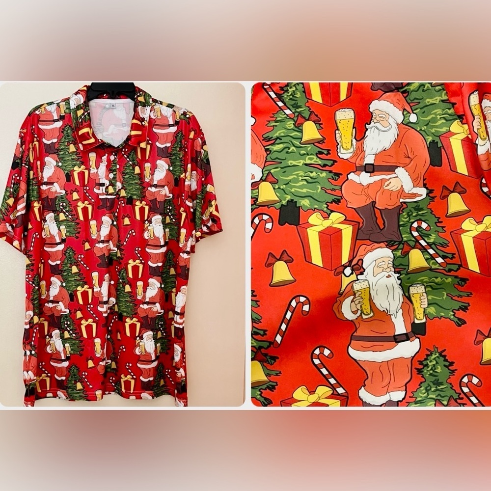 “UGLY” SANTA W/BEER POLO SHIRT. Santa Holding Glass Of Beer. Fun Shirt. USED 1X